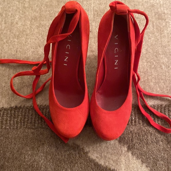 Vicini Red suede ankle wrap wedges with a 5 inch heel Moana half inch platform - Picture 4 of 7